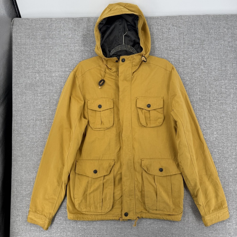 Abel Brown Jacket Mens M Yellow Hooded Canvas Parka Full Zip Pockets Lined